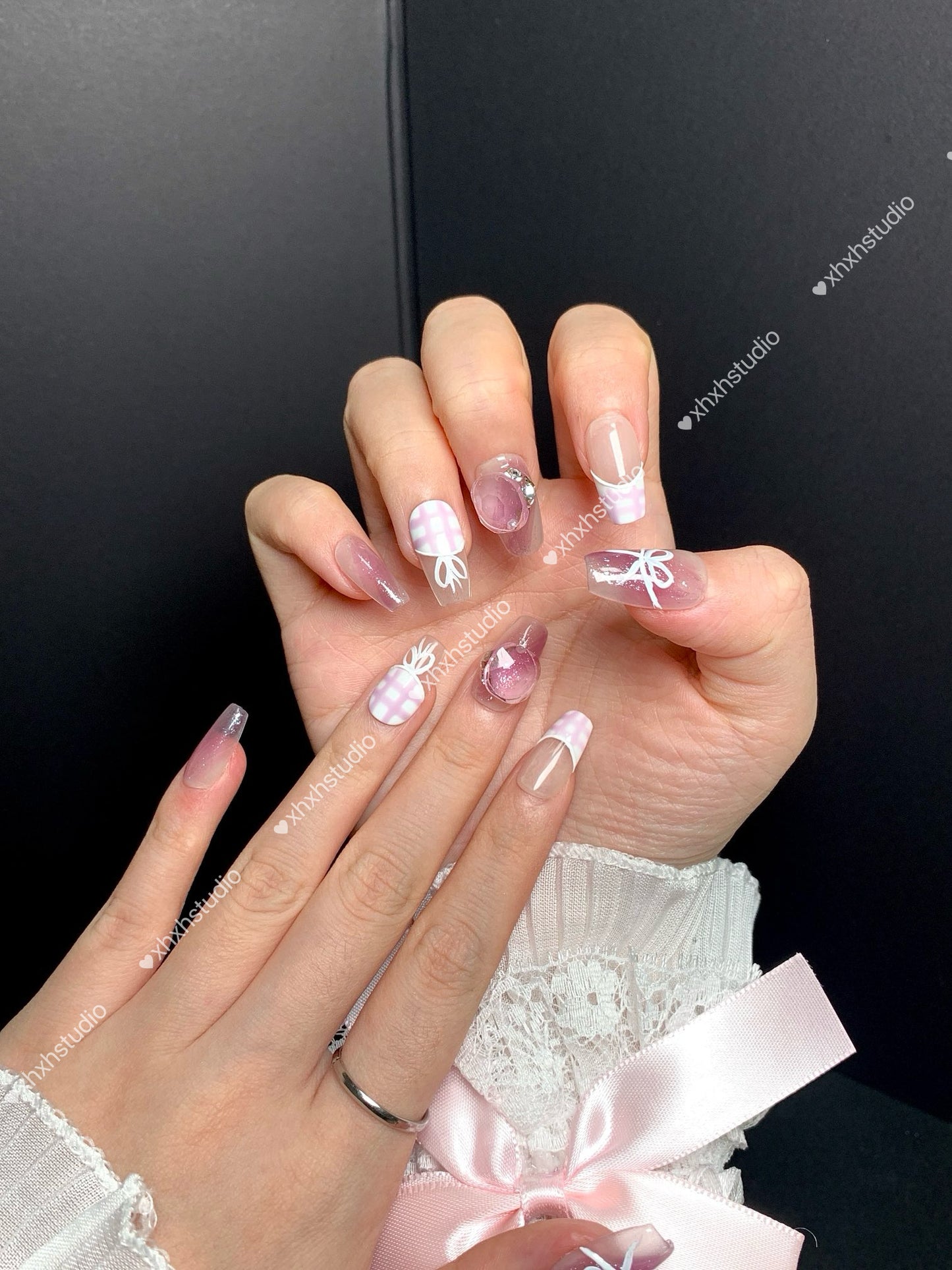Pink Checkered Butterfly Charm Nail Art