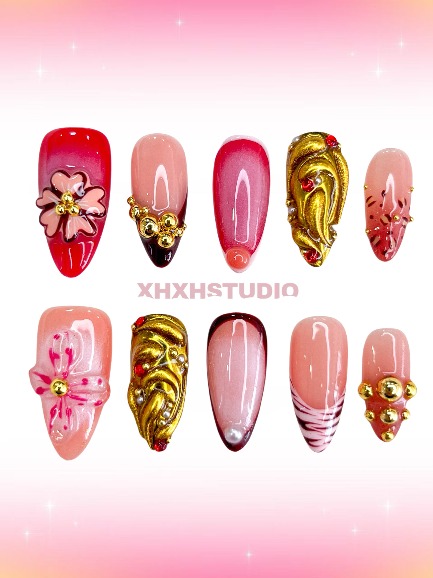 Crimson - gold Flower Nail Art