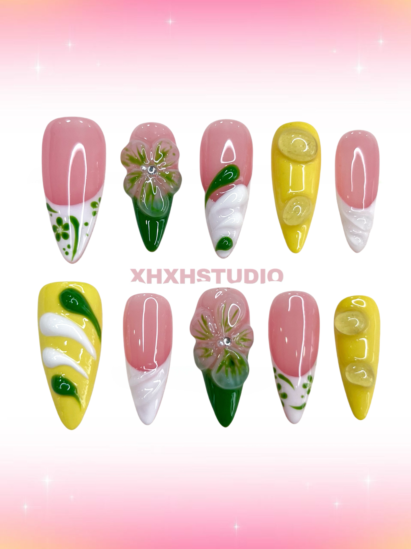 Pink - yellow Fantasy Flower Nail Art