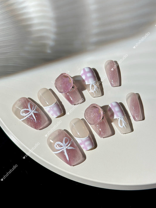Pink Checkered Butterfly Charm Nail Art