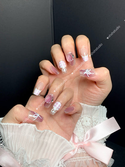 Pink Checkered Butterfly Charm Nail Art