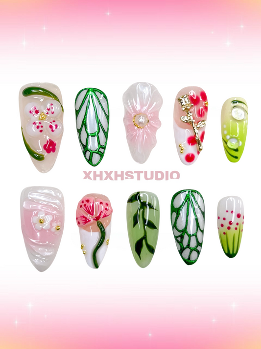 Green - pink Flower - rhyme Nail Art