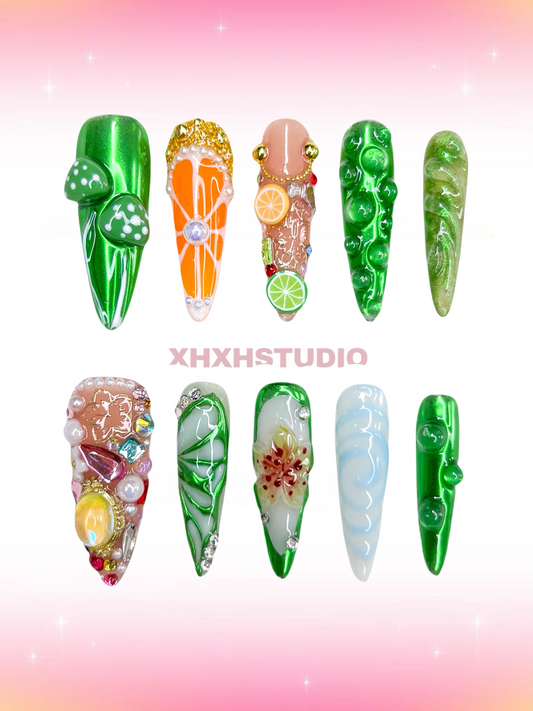 Green Field Orange - fun Nail Art