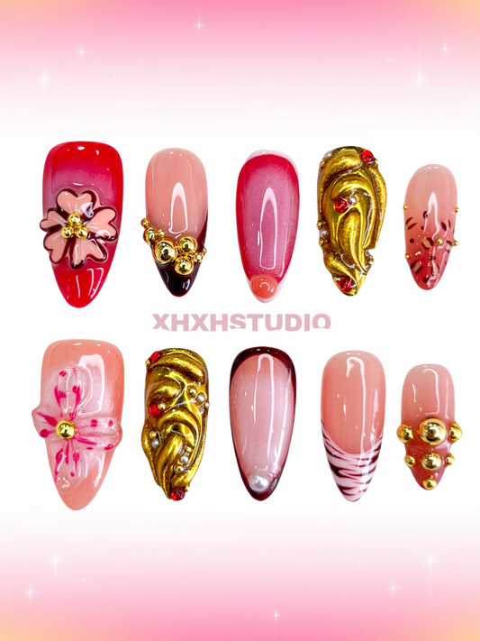 Crimson - gold Flower Nail Art