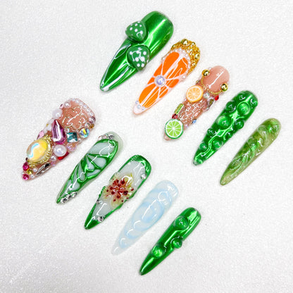 Green Field Orange - fun Nail Art