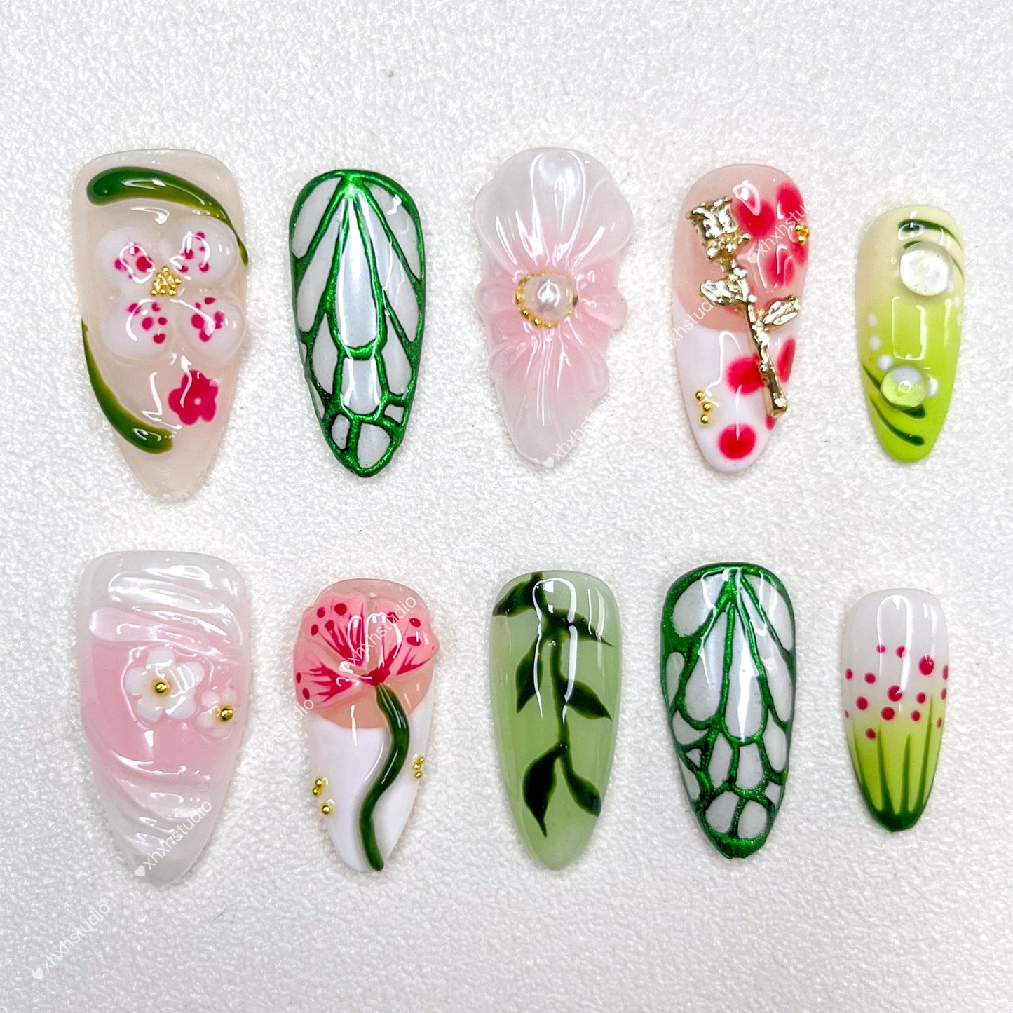 Green - pink Flower - rhyme Nail Art