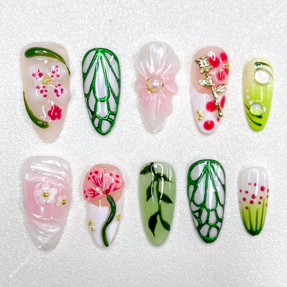 Green - pink Flower - rhyme Nail Art