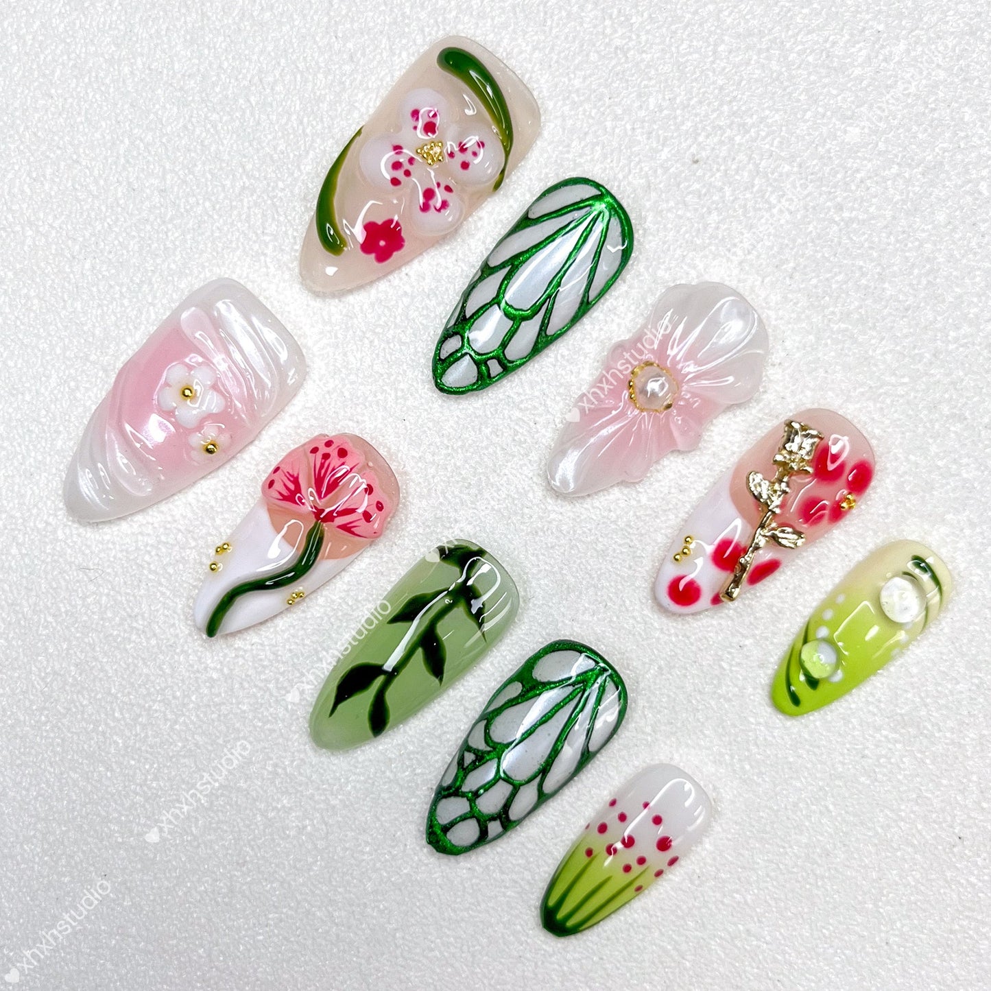Green - pink Flower - rhyme Nail Art
