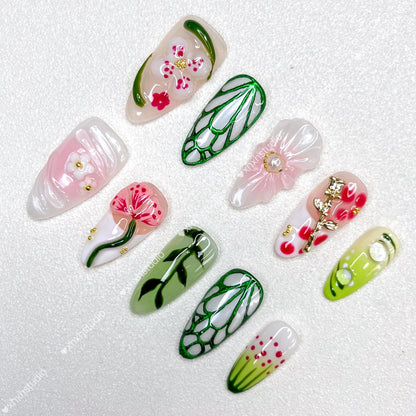 Green - pink Flower - rhyme Nail Art