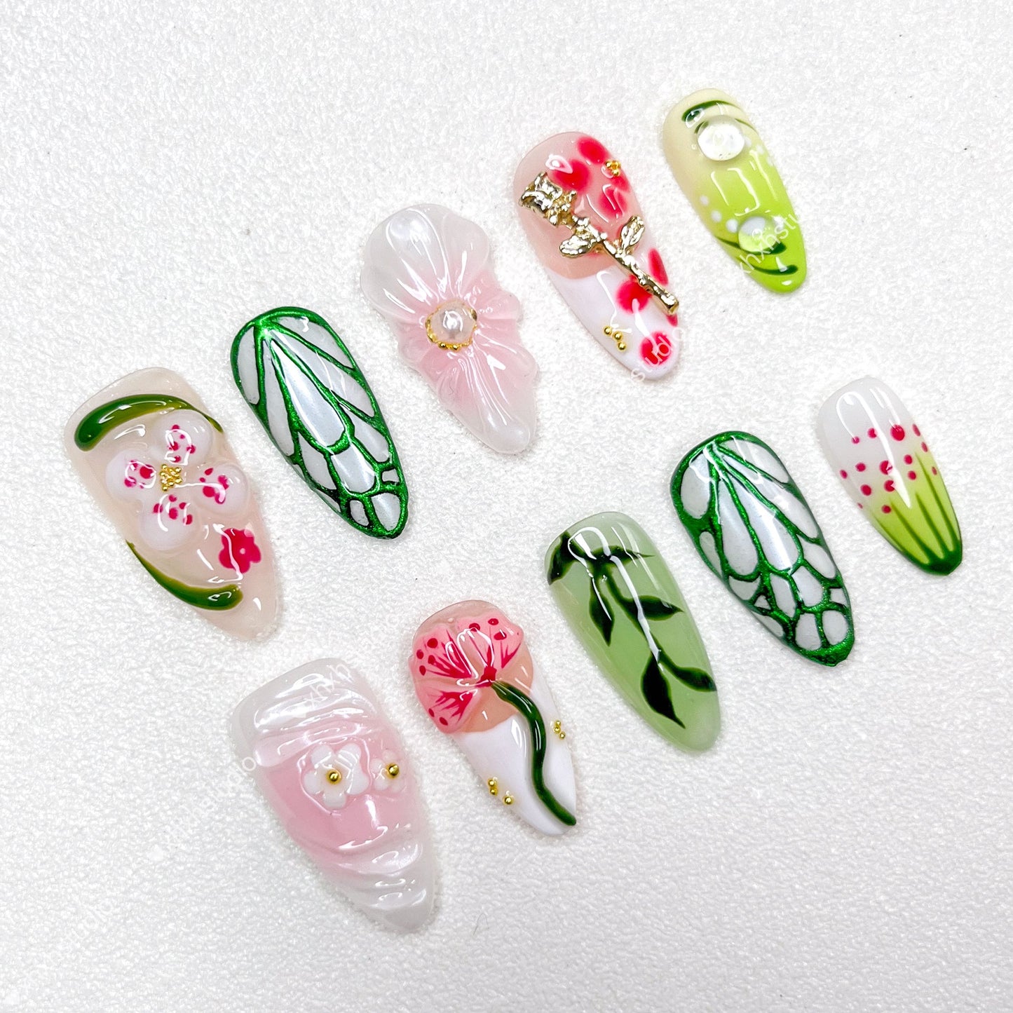 Green - pink Flower - rhyme Nail Art