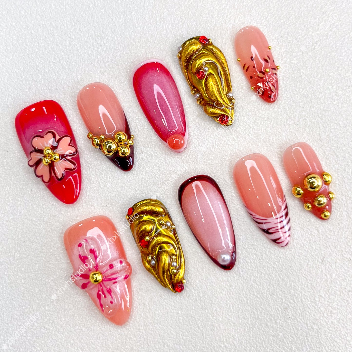Crimson - gold Flower Nail Art