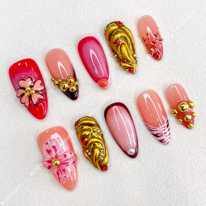 Crimson - gold Flower Nail Art