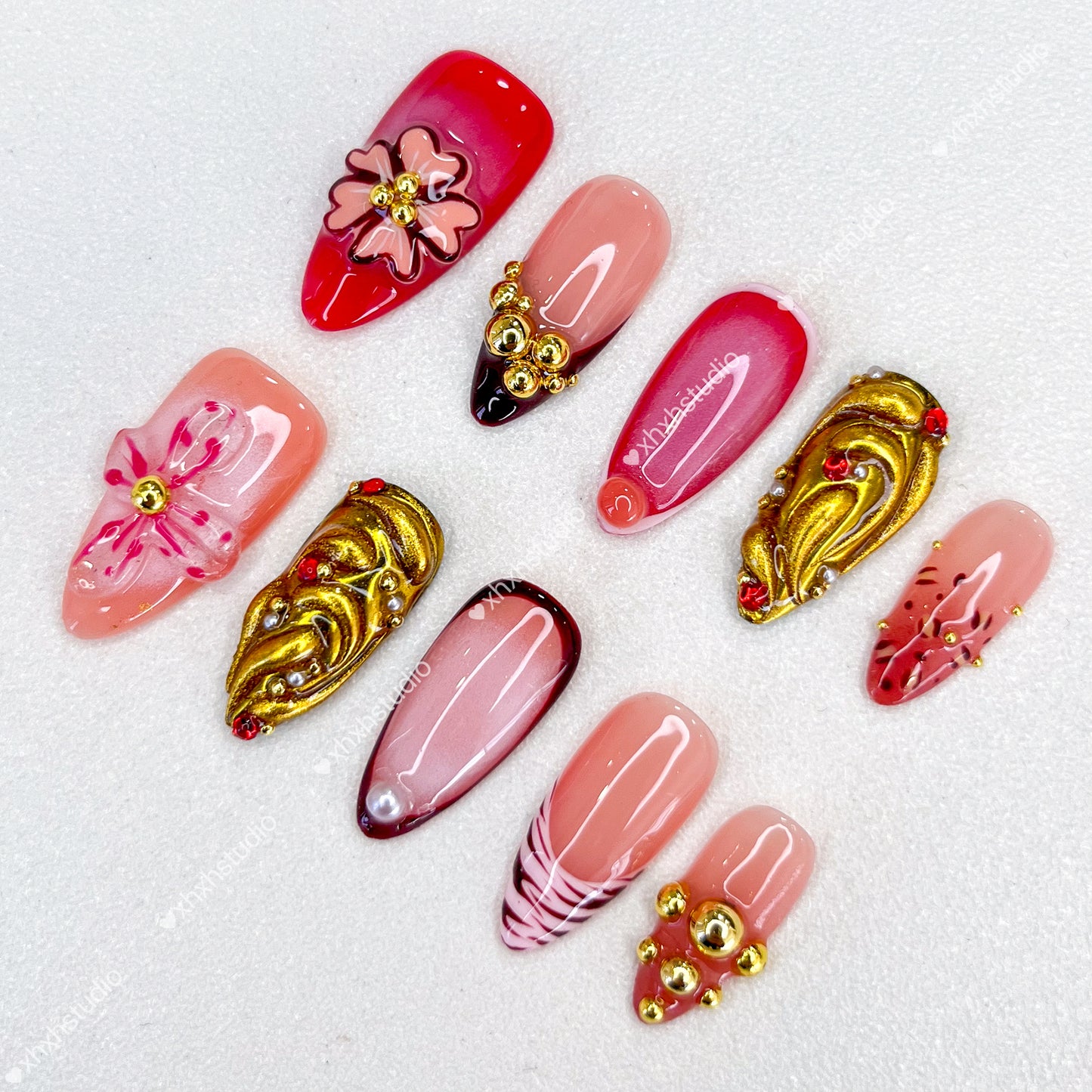 Crimson - gold Flower Nail Art