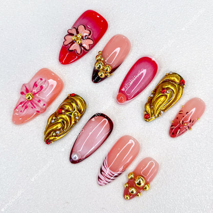 Crimson - gold Flower Nail Art