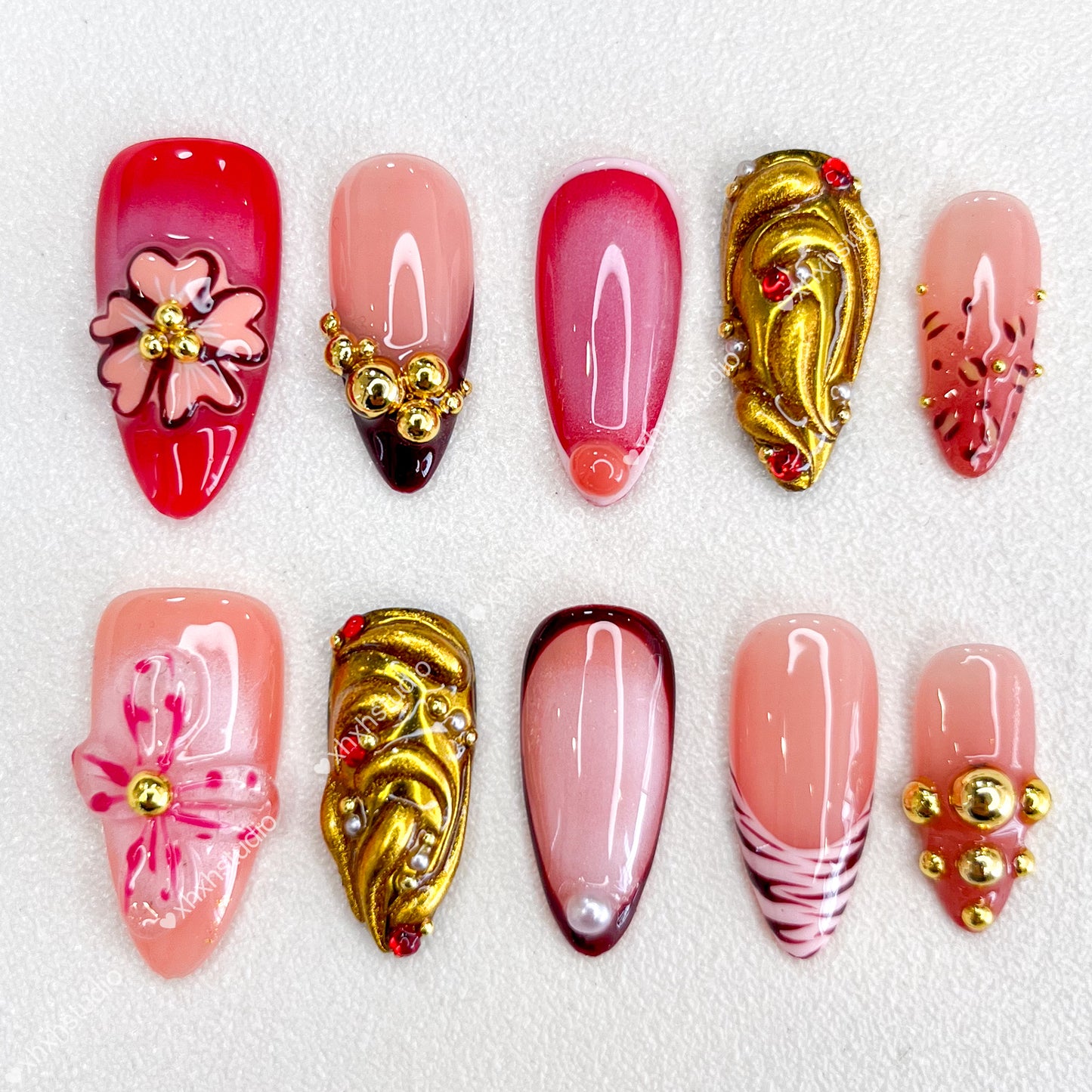 Crimson - gold Flower Nail Art